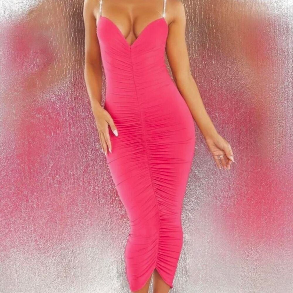 Oh Polly Hot Pink Ruched Midi Dress